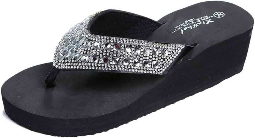 Summer Beach Pool Slides Casual Flip Fashion Slippers Beach Flops Summer Shoes Women's Rhinestones Wedges Women's