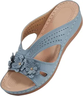 Summer Platform Wedge Sandals for Women Comfortable Slip on Dressy Leather Sandals Trendy Flowers Lightweight Memory Foam Shoes Indoor Outdoor