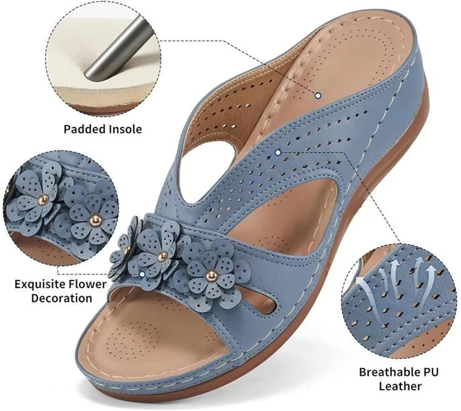 Summer Platform Wedge Sandals for Women Comfortable Slip on Dressy Leather Sandals Trendy Flowers Lightweight Memory Foam Shoes Indoor Outdoor