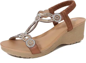 Wedge Sandals for Women Dressy Comfortable Orthopedic Slip On Sandals Fashion Rhinestone Crystal Jeweled Sandal Shoes for Summers Dress Beach
