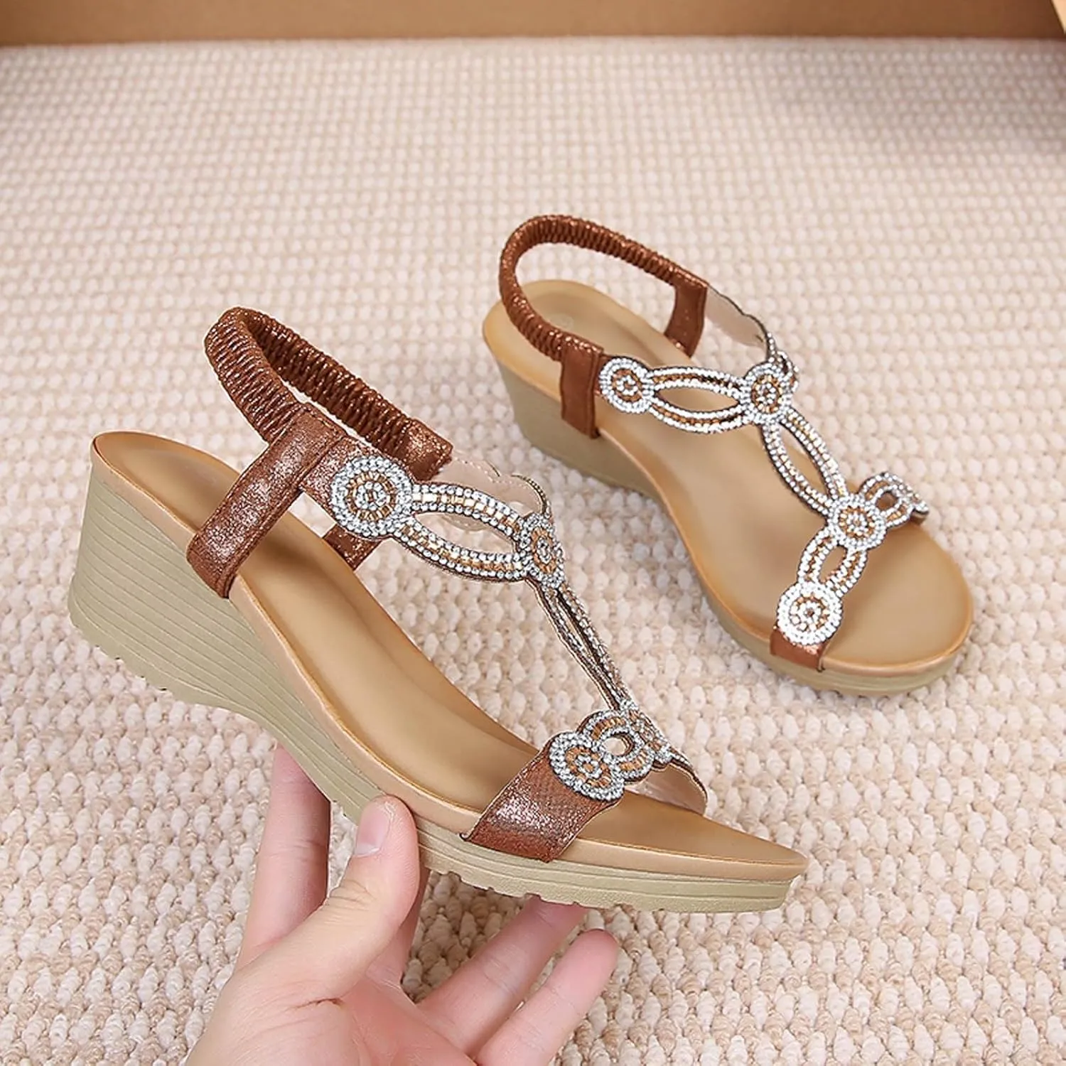 Wedge Sandals for Women Dressy Comfortable Orthopedic Slip On Sandals Fashion Rhinestone Crystal Jeweled Sandal Shoes for Summers Dress Beach