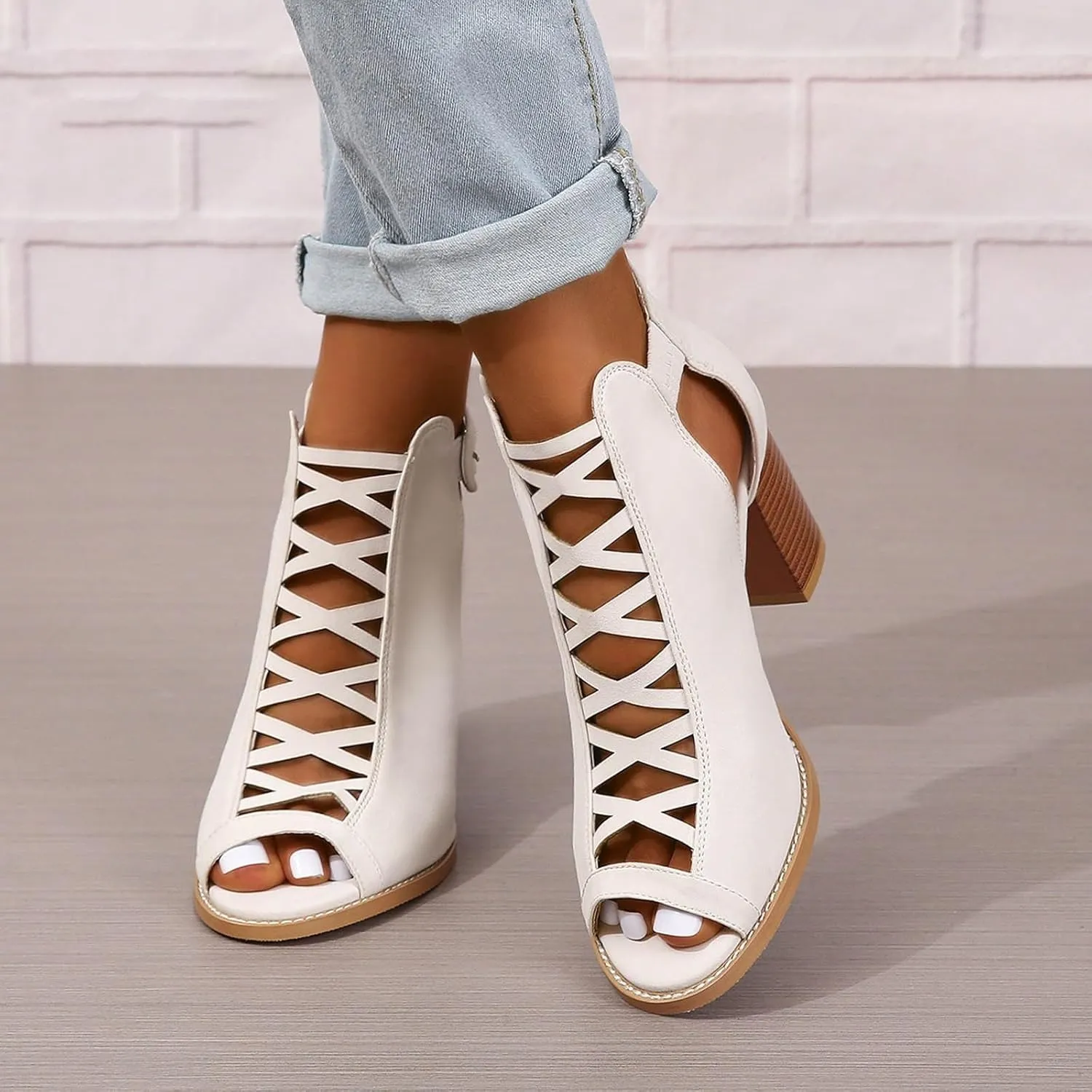 Women's Open Toe Booties with Block Heel and Side Comfortable and Stylish Cut Out Thong High Heels Sandals for Women