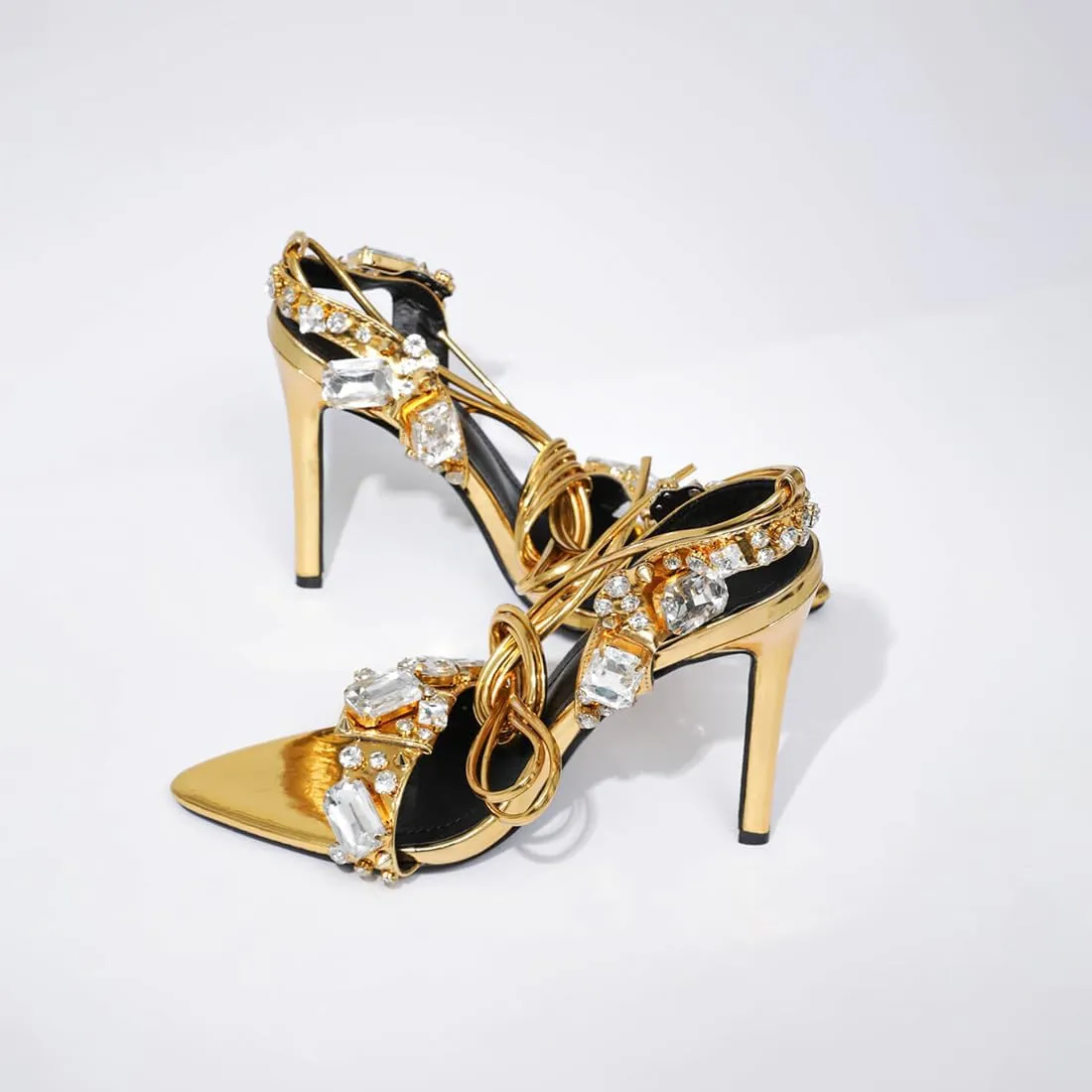 Womens Rhinestone Jewel Strappy Stiletto Heels Open Toe Sexy High Heeled Sandals Gold Heels for Women