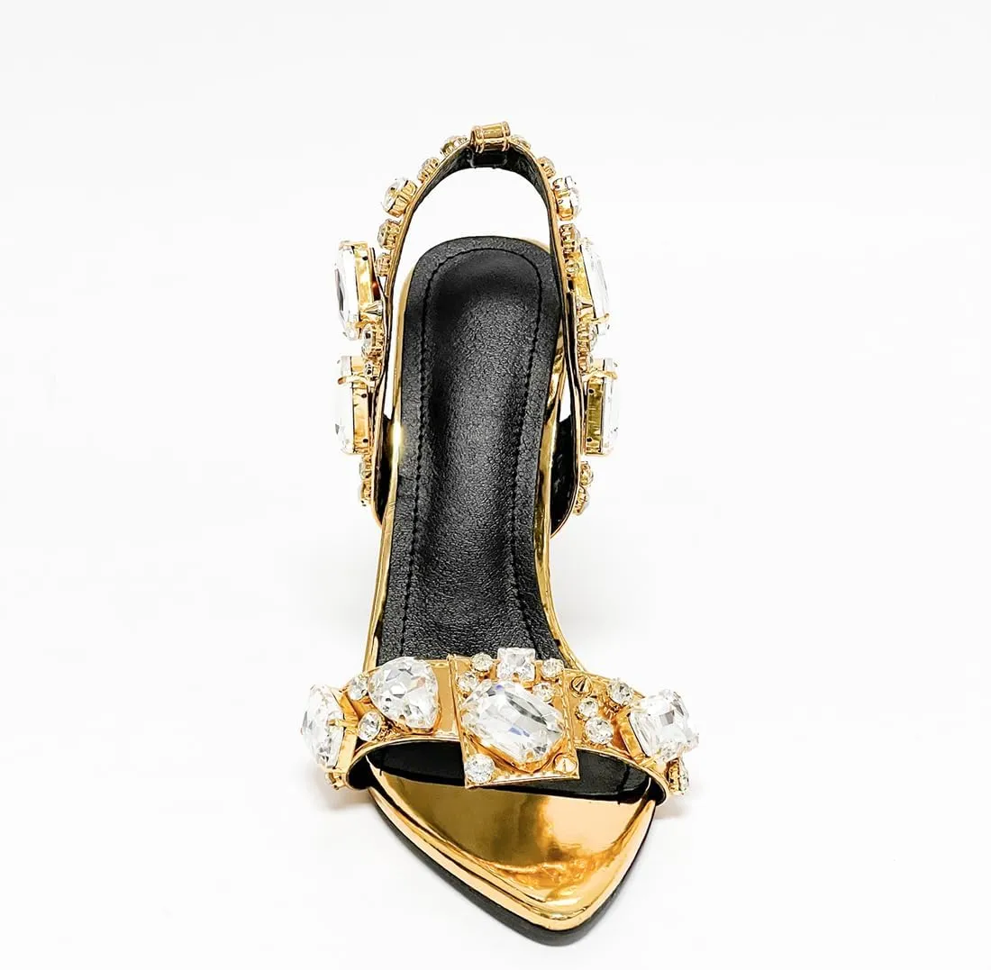 Womens Rhinestone Jewel Strappy Stiletto Heels Open Toe Sexy High Heeled Sandals Gold Heels for Women