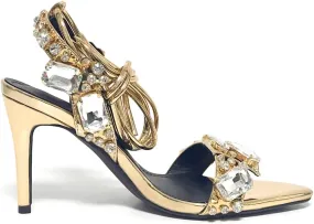 Womens Rhinestone Jewel Strappy Stiletto Heels Open Toe Sexy High Heeled Sandals Gold Heels for Women