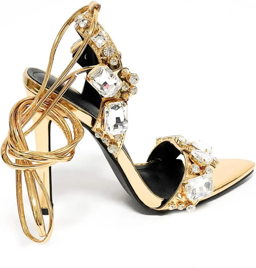 Womens Rhinestone Jewel Strappy Stiletto Heels Open Toe Sexy High Heeled Sandals Gold Heels for Women