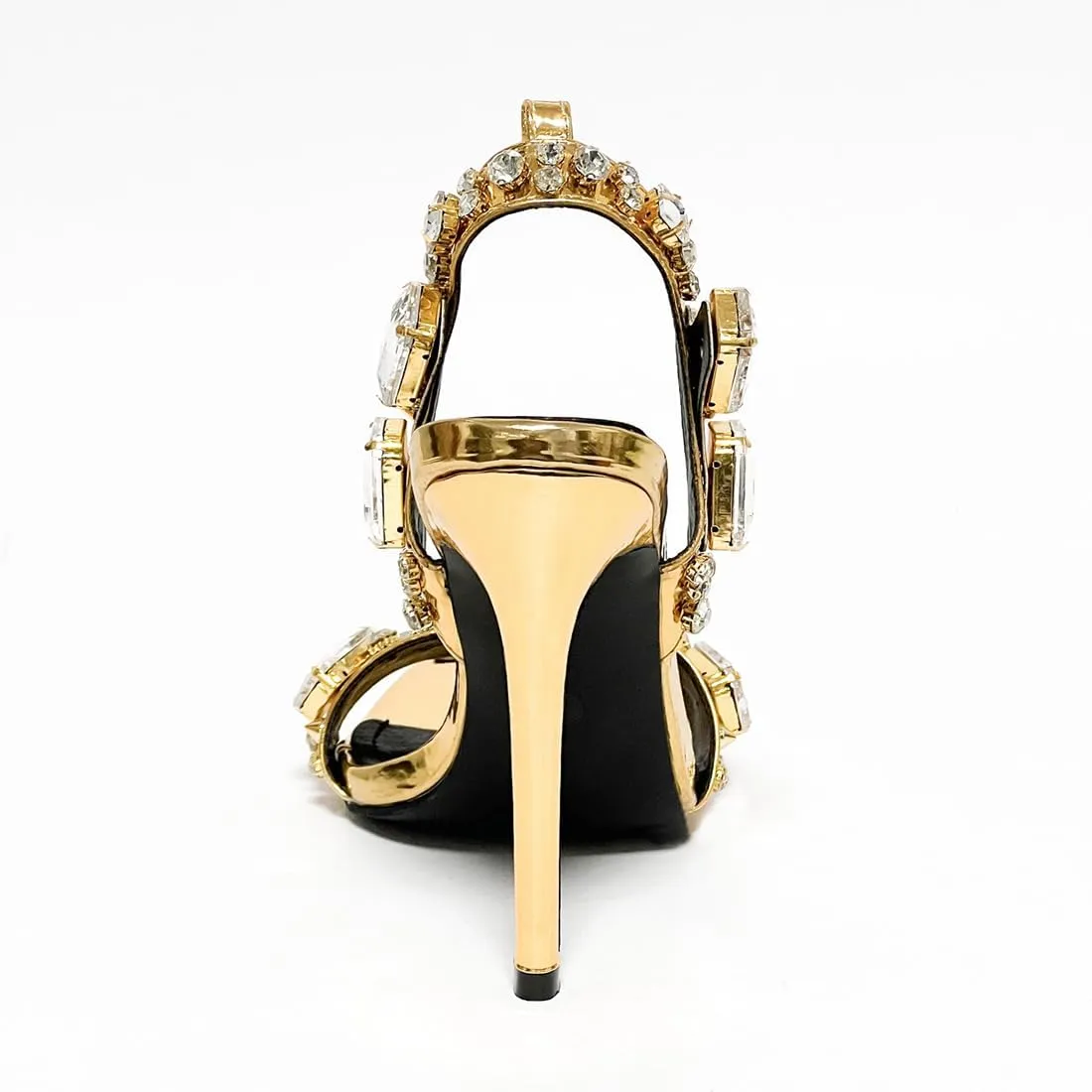 Womens Rhinestone Jewel Strappy Stiletto Heels Open Toe Sexy High Heeled Sandals Gold Heels for Women