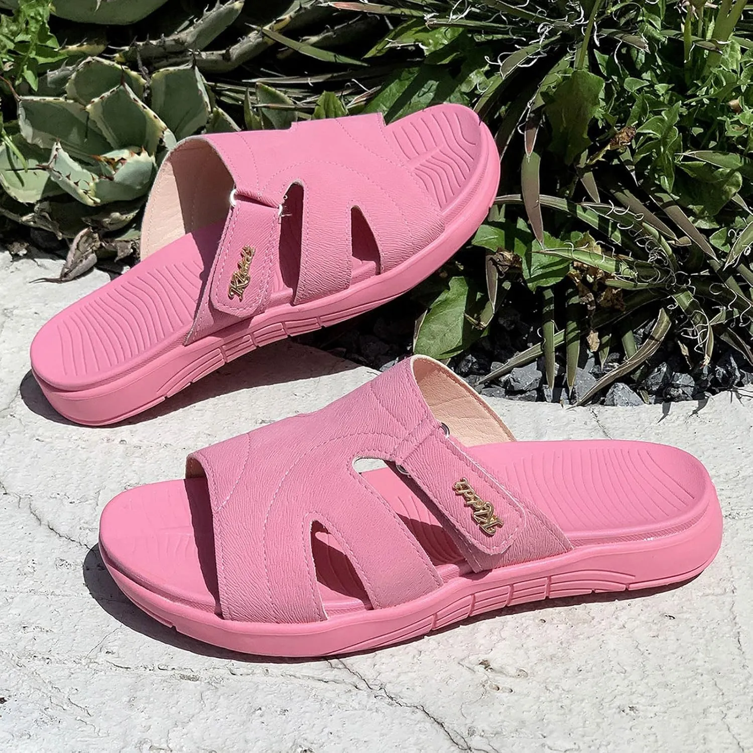 Women's Summer Slide Sandals Open Toe Flat Leather Slippers for Casual Outdoor Beach Vacation Comfortable Lightweight